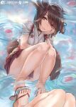  1girl animal_ears bangs bare_legs bell brown_eyes brown_hair choker closed_mouth copyright_request hair_ornament hairclip hakama_skirt highres klem light_smile looking_at_viewer miniskirt outdoors reflection sandals shallow_water skirt solo squatting tail thighs toes water 