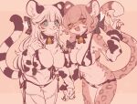  &lt;3 2021 5_fingers animal_print anthro bell belly bent_over bikini blue_eyes blush clothing cow_print cute_fangs duo felid female fingers green_eyes hair hand_holding kemono leopard long_hair looking_at_viewer mammal navel open_mouth open_smile pantherine pink_hair shiki_2p simple_background smile snow_leopard standing swimwear white_hair 