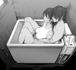  1boy 1girl areolae arms_around_waist bathroom bathtub blush commentary_request faceless faceless_male from_side greyscale hetero highres hose indoors long_hair monochrome nipples nude original partially_submerged short_hair survival_yaiba sweat tan tanline water 