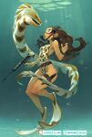  1girl belt blue_eyes breasts brown_hair camouflage confrontation covered_nipples dark_skin dark_skinned_female eel english_commentary fingernails flippers full_body goggles gumroad_username harpoon_gun highleg highleg_swimsuit highres holster holstered_weapon knife lips long_hair moray_eel ocean one-piece_swimsuit original patreon_username petite pinup_(style) reward_available small_breasts snorkel surprised swimsuit thigh_holster underwater upper_teeth watch water wristwatch xavier_houssin 