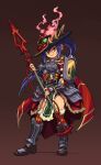  1girl armor armored_boots blue_hair boots dang_(runescape) earrings fingerless_gloves fire full_body fur_trim gloves hat holding jewelry long_hair looking_at_viewer ponytail purple_fire red_gloves runescape shadow smile solo standing very_long_hair yellow_eyes yuta_agc 