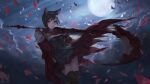  1girl absurdres animal_ears bangs black_hair black_legwear breasts cape cat_ears clasp cloud corset crescent_rose eyebrows_visible_through_hair full_moon grey_eyes highres holding klem looking_at_viewer medium_hair moon night night_sky petals red_cape rose_petals ruby_rose rwby scythe signature skirt sky small_breasts solo standing star_(sky) starry_sky thighhighs weapon zettai_ryouiki 