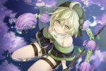  1boy ahoge black_gloves blush bow cloud eyebrows_visible_through_hair gloves green_eyes green_hair hat hat_bow highres holding holding_weapon in_water legband male_focus night night_sky nomi_(kurocxx110) open_mouth parted_lips pinocchio_(sinoalice) sad short_hair sinoalice sitting sky solo staff star_(sky) thighhighs wariza water weapon 