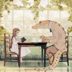  1girl animal animal_in_clothes barefoot book brown_hair chair child crocodile crocodilian cup dress formal from_side highres holding holding_book indoors ivy jacket leaf long_hair original pants plant reading rt0no sitting suit table teacup teapot vines white_dress window 