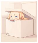  1girl :&lt; blonde_hair blue_eyes blush box child in_box in_container jitome low_twintails original solo twintails v-shaped_eyebrows yu_kozato 