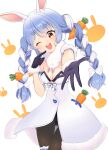  1girl ;d animal_ear_fluff animal_ears bangs beckoning black_gloves black_legwear black_leotard blue_hair braid breasts bunny-shaped_pupils bunny_ears carrot_hair_ornament clothing_cutout coat cowboy_shot detached_sleeves don-chan_(usada_pekora) finger_to_cheek food_themed_hair_ornament fur-trimmed_coat fur-trimmed_gloves fur_scarf fur_trim gloves hair_ornament head_tilt hikimayu hololive leg_garter leotard leotard_under_clothes long_hair multicolored_hair ocha_uma one_eye_closed open_mouth orange_eyes outstretched_arm outstretched_hand pantyhose playboy_bunny puffy_short_sleeves puffy_sleeves reaching_out scarf short_eyebrows short_sleeves small_breasts smile solo strapless strapless_coat strapless_leotard swept_bangs thick_eyebrows twin_braids twintails two-tone_hair underboob_cutout upper_teeth usada_pekora virtual_youtuber white_coat white_hair white_scarf white_sleeves 
