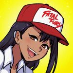  1girl akairiot bangs black_hair blush brown_eyes collared_shirt commission dark_skin dark_skinned_female fatal_fury_cap ijiranaide_nagatoro-san long_hair looking_at_viewer nagatoro_hayase open_mouth portrait shadow shirt smile solo white_shirt yellow_background 