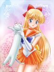  1girl :3 aino_minako artemis_(sailor_moon) back_bow bishoujo_senshi_sailor_moon blonde_hair blue_eyes bow cat choker commentary_request crescent_facial_mark elbow_gloves gloves half_updo highres long_hair longcat magical_girl meme o_o orange_choker orange_sailor_collar orange_skirt parody partial_commentary red_bow sailor_collar sailor_senshi_uniform sailor_venus skirt tamanegiinyo tiara white_gloves 