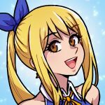  1girl akairiot bangs bare_shoulders blonde_hair blue_background blue_ribbon brown_eyes commission fairy_tail hair_ribbon long_hair looking_at_viewer lucy_heartfilia open_mouth ponytail portrait ribbon shadow sidelocks sleeveless smile solo 