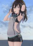  1girl armband armpits bangs black_bra black_shorts blue_sky bra breasts brown_hair bug butterfly butterfly_hair_ornament cloud condensation_trail copyright_request day digital_media_player eyebrows_visible_through_hair grey_shirt hair_between_eyes hair_ornament hair_tie_in_mouth hands_in_hair headphones hood insect klem looking_at_viewer mouth_hold ocean pink_eyes shirt short_shorts shorts signature sky small_breasts solo sports_bra standing tying_hair underwear 