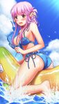  1girl bangs barefoot bikini blue_bikini blue_sky blush breasts cloud doukyuusei doukyuusei_another_world eyebrows_visible_through_hair game_cg hair_ribbon long_hair medium_breasts ocean official_art open_mouth pink_hair red_eyes ribbon sakuragi_mai shiny shiny_hair sky soles swimsuit untied untied_bikini wardrobe_malfunction wavy_mouth yellow_ribbon 