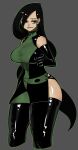  1girl absurdres black_gloves black_hair black_legwear breasts elbow_gloves eyeshadow gloves green_outline grey_background half-closed_eyes highres kim_possible large_breasts long_hair makeup mano_(deew123) outline shego simple_background smile solo thick_thighs thighhighs thighs very_long_hair 