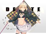  1girl apron artoria_pendragon_(all) artoria_pendragon_(alter_swimsuit_rider)_(fate) bangs bikini bikini_top black_bikini black_legwear black_skirt blonde_hair breasts closed_mouth dhfz181 eyebrows_visible_through_hair fate/grand_order fate_(series) frilled_apron frills hair_between_eyes holding holding_weapon hood hoodie looking_at_viewer maid_bikini midriff navel open_clothes open_hoodie polearm sidelocks skirt small_breasts smile solo swimsuit thighhighs waist_apron weapon yellow_eyes 