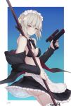  1girl artoria_pendragon_(all) artoria_pendragon_(alter_swimsuit_rider)_(fate) ass bangs bare_legs bare_shoulders bikini braid dmith fate/grand_order fate_(series) gun highres holding holding_gun holding_mop holding_weapon looking_at_viewer maid maid_bikini maid_headdress mop silver_hair simple_background smile solo summer swimsuit weapon yellow_eyes 