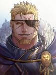 1boy beard blonde_hair cape eyepatch facial_hair fur-trimmed_cape fur_trim gyee highres ina_zuma looking_at_viewer male_focus markus_(gyee) mature_male portrait scar scar_on_face short_hair smile solo spiked_hair straight-on yellow_eyes 