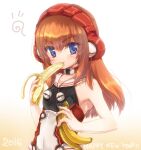  1girl :t armpit_crease banana bangs blue_eyes blush breasts brown_hair clariskrays commentary_request dated eating eyebrows_visible_through_hair food fruit hair_between_eyes happy_new_year hizukiryou holding holding_food long_hair looking_at_viewer new_year phantasy_star phantasy_star_online_2 sailor_collar shiny shiny_hair small_breasts solo upper_body 