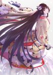  1girl absurdres bangs black_hair clogs fate/grand_order fate_(series) flower hair_flower hair_ornament highres holding holding_sword holding_weapon japanese_clothes kara_no_kyoukai katana kimono long_hair looking_at_viewer looking_back petals purple_eyes reflection ripples ryougi_shiki simple_background solo standing standing_on_liquid sword takubon very_long_hair weapon white_background 