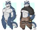  2021 abs anthro biceps canid canine canis clothed clothing featureless_crotch fur hair male mammal muscular muscular_anthro muscular_male naruever nipples pecs solo wolf zack_(naruever) 