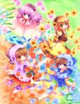  4girls autumn_leaves bangs barefoot black_hairband blue_eyes blue_headwear blue_shirt blush bow brown_hair brown_vest closed_mouth commentary_request dress eyebrows_visible_through_hair fairy flower frilled_dress frills full_body green_eyes hair_between_eyes hair_ornament hairband highres hizukiryou leaves_in_wind multiple_girls open_mouth original outstretched_arms personification pink_dress pink_flower purple_skirt red_bow seasons shirt short_hair skirt smile snowflake_hair_ornament snowflakes socks sunflower tomato vest white_shirt yellow_flower yellow_skirt 