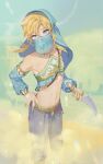 1boy arabian_clothes armlet bangs bare_shoulders blonde_hair blue_eyes bridal_gauntlets circlet collarbone crossdressing detached_sleeves earrings feet_out_of_frame gerudo_set_(zelda) hand_on_hip harem_pants highres holding holding_weapon jewelry link looking_at_viewer male_focus midriff mouth_veil navel official_alternate_costume otoko_no_ko outdoors pants pointy_ears sand solo stomach the_legend_of_zelda the_legend_of_zelda:_breath_of_the_wild unmyeong veil weapon 