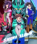  3boys ataka_takeru bodysuit brown_eyes brown_hair card clenched_hands copyright_name crossed_arms daimonyama_tsuranuki e5_hayabusa_(shinkalion) e6_komachi_(shinkalion) e7_kagayaki_(shinkalion) glowing glowing_eyes hayasugi_hayato headset holding holding_card looking_at_viewer male_focus mecha multiple_boys oga_akita orange_eyes pilot_suit running science_fiction shinkansen_henkei_robo_shinkalion smile yellow_eyes 