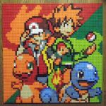  2boys backpack bag bangs baseball_cap blue_oak brown_eyes brown_hair charizard charmander closed_mouth fang gen_1_pokemon green_background green_eyes green_shirt hat highres lego lego_(medium) multicolored multicolored_background multiple_boys orange_hair photo_(medium) pixel_art poke_ball pokemon pokemon_(creature) red_(pokemon) red_background red_headwear red_vest shirt short_hair smile spiked_hair squirtle unconventional_media venusaur vest yellow_bag you_rei_(blowback) 