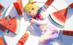  1girl blonde_hair blue_hair bow candy_hair_ornament commentary_request crop_top detached_sleeves double_bun eating food food_themed_hair_ornament fruit full_body gradient_hair hair_ornament highres holding holding_food holding_fruit indie_virtual_youtuber kneehighs kotobuki_yume long_sleeves lying miniskirt multicolored_hair on_plate on_side open_mouth pink_shirt pink_skirt plate purple_legwear red_bow red_eyes shikaemon shirt shoes signature skirt solo virtual_youtuber watermelon white_footwear 
