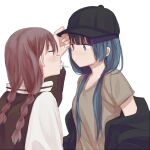  2girls baseball_cap blue_hair braid brown_hair eye_contact hand_on_another&#039;s_hat hat inuko_(ink0425) jacket long_hair looking_at_another low_twin_braids low_twintails mouth_hold multiple_girls off_shoulder original twin_braids twintails white_background 