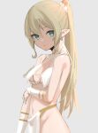  1girl aqua_eyes bare_shoulders blonde_hair breasts cleavage grey_background groin long_hair navel original pointy_ears revealing_clothes simple_background skeptycally solo 