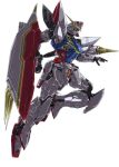  alternate_color blitz_gundam clenched_hand daigouzi green_eyes gundam gundam_seed holding holding_shield mecha mobile_suit science_fiction shield solo v-fin white_background 