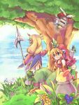 2girls bangs blonde_hair blue_dress blue_eyes boots brown_footwear bunny closed_mouth commentary_request dress eyebrows_visible_through_hair flower full_body grass green_pants hair_between_eyes hizukiryou holding holding_spear holding_weapon imu_(lom) legend_of_mana long_hair multiple_girls pants plant polearm pot rabite seiken_densetsu short_hair smile spear standing tree weapon yellow_flower 