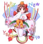  1girl 2010 bangs black_footwear blush bow brown_eyes brown_hair closed_mouth commentary_request eyebrows_visible_through_hair fan_hair_ornament food fruit full_body geta hair_between_eyes hair_bow happy_new_year hizukiryou japanese_clothes jumping kimono looking_at_viewer mandarin_orange new_year obi original red_bow red_sash sash short_hair sleeves_past_wrists smile solo thighhighs white_background white_kimono white_legwear wide_sleeves yellow_bow 