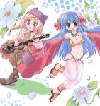 1boy 1girl :d bangs bikini blonde_hair blue_hair boots bow braid braided_ponytail brown_coat brown_eyes brown_footwear brown_pants bun_cover coat commentary_request detached_sleeves deviruchi_hat double_bun eyebrows_visible_through_hair flower full_body green_eyes guitar gypsy_(ragnarok_online) hair_between_eyes hair_bow hat hizukiryou holding holding_instrument instrument jewelry long_hair looking_at_viewer minstrel_(ragnarok_online) navel necklace open_mouth pantaloons pants ragnarok_online red_bow red_sleeves sandals see-through shirt sleeveless_coat smile strapless strapless_bikini swimsuit white_background white_flower white_pants white_shirt yellow_bikini 