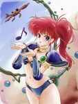  1980s_(style) 1girl aircraft armor asagiri_youko bikini bikini_armor commentary_request genmu_senki_leda highres long_hair musical_note open_mouth partial_commentary purple_bikini purple_eyes red_hair retro_artstyle side_ponytail solo swimsuit tamanegiinyo 