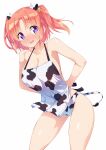  1girl :d animal_ears animal_print apron arms_behind_back bangs bare_arms bare_shoulders blush breasts collarbone commentary_request cow_ears cow_horns cow_print cow_tail ear_tag embarrassed highres horns ichi_makoto large_breasts leaning_forward medium_hair mikakunin_de_shinkoukei naked_apron nearly_naked_apron nose_blush open_mouth panties print_apron print_panties purple_eyes red_hair simple_background smile solo sweat tail underwear white_background yonomori_kobeni 