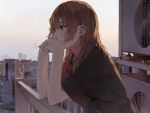  1girl air_conditioner brown_hair city daluto_(hitomi555) ear_piercing elbow_rest evening from_side hands_clasped head_rest highres industrial_piercing long_hair original own_hands_together piercing rooftop skyline solo upper_body 