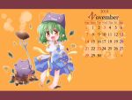  1girl 2010 acorn archbishop_(ragnarok_online) bangs barefoot blowing_leaves blue_dress blush brown_eyes calendar_(medium) chibi cleavage_cutout clothing_cutout commentary_request cross deviruchi deviruchi_hat dress eyebrows_visible_through_hair food full_body green_hair hair_between_eyes hat hizukiryou holding holding_pitchfork juliet_sleeves leaf letterboxed long_sleeves looking_to_the_side medium_hair november open_mouth pitchfork pointy_ears puffy_sleeves ragnarok_online sweet_potato two-tone_dress white_dress 