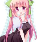  1girl :d bangs black_dress blush bow breasts commentary_request dotted_background dress eyebrows_visible_through_hair green_bow hair_between_eyes hair_bow hizukiryou long_hair looking_at_viewer medium_breasts open_mouth original pink_eyes pink_hair puffy_short_sleeves puffy_sleeves short_sleeves smile solo twintails upper_body upper_teeth white_background 