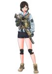  1girl absurdres ankle_boots assault_rifle bike_shorts black_hair black_shorts blue_jacket boots bulletproof_vest combat_boots cross-laced_footwear gloves green_eyes gun headset highres jacket khaid_shiden knee_pads lace-up_boots long_sleeves looking_at_viewer military open_mouth original rifle short_hair shorts solo tactical_clothes weapon weapon_request 