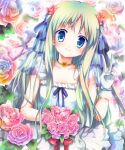  1girl alternate_costume ano_hi_mita_hana_no_namae_wo_bokutachi_wa_mada_shiranai. bangs blue_eyes blue_ribbon blush bouquet closed_mouth commentary_request dress eyebrows_visible_through_hair flower gloves green_hair hair_ribbon hizukiryou holding holding_bouquet holding_flower honma_meiko long_hair looking_at_viewer pink_flower ribbon sleeveless sleeveless_dress smile solo upper_body v wedding_dress white_dress white_gloves 