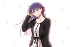  1girl bangs black_blouse blouse blue_eyes collarbone dress fate/stay_night fate_(series) hair_between_eyes hair_ribbon highres long_hair looking_at_viewer matou_sakura petals purple_hair ribbon rio0237 simple_background smile solo upper_body white_background white_dress wind 