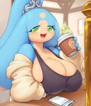  better_version_at_source beverage big_breasts big_ears black_clothing black_shirt black_tank_top black_topwear blue_body blue_skin blush breasts cellphone clothed clothing coffee coffee_cup female green_eyes hi_res humanoid inside keyhat_tk10 looking_at_viewer noseless open_mouth open_smile phone shirt side_boob smile solo tank_top topwear unknown_character unknown_species 