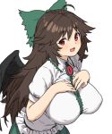  1girl :d black_hair black_wings bow breasts eyebrows_visible_through_hair green_bow hair_bow hands_on_own_chest highres houtengeki large_breasts long_hair looking_at_viewer open_mouth red_eyes reiuji_utsuho shirt short_sleeves simple_background smile solo touhou white_background white_shirt wings 