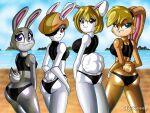  anthro beach bikini black_bikini black_clothing black_swimwear blonde_hair blue_eyes brown_eyes butt carrot_(one_piece) clothing disney dragon_ball dragon_ball_super female fur grey_body grey_fur group hair hat headgear headwear judy_hopps lagomorph leporid lola_bunny looney_tunes mammal one_piece purple_eyes rabbit red_eyes seaside signature sorrel swimwear tan_body tan_fur warner_brothers white_body white_fur xjkenny zootopia 