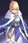  absurdres ahoge armor armored_dress artoria_pendragon_(all) bangs black_background blonde_hair braid capelet cloak dark_background excalibur_(fate/stay_night) fate/grand_order fate/stay_night fate_(series) green_eyes hair_between_eyes highres holding holding_sword holding_weapon looking_at_viewer saber simple_background standing sword tsurupy weapon 