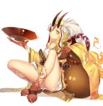  1girl alcohol bare_shoulders bead_belt beads black_nails blonde_hair closed_mouth colored_skin cup dhfz181 facial_mark fate/grand_order fate_(series) fingernails fire flame gourd gradient gradient_horns horns ibaraki_douji_(fate) japanese_clothes kimono long_hair long_sleeves looking_at_viewer multicolored_horns off-shoulder_kimono off_shoulder oni oni_horns patterned patterned_clothing pouring pouring_onto_self red_horns red_skin sakazuki sake sharp_fingernails sharp_toenails shiny shiny_skin simple_background sitting solo third_eye toenails white_background wide_sleeves yellow_eyes yellow_kimono 