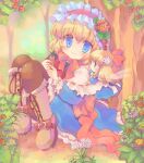  1girl alice_margatroid ascot bangs berry blonde_hair blue_dress blue_eyes blush boots brown_footwear brown_legwear capelet closed_mouth commentary_request cross-laced_footwear dress eyebrows_visible_through_hair flower frilled_ascot frills full_body hair_between_eyes hairband hizukiryou lolita_hairband looking_at_viewer orange_flower pink_flower red_hairband red_neckwear ribbon-trimmed_capelet shanghai_doll short_hair sitting smile solo touhou tree yellow_flower 