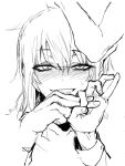  1girl blush fingernails greyscale half-closed_eyes highres j.k. looking_at_viewer monochrome original penetration_gesture saliva sketch smile solo upper_body 