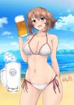  1girl alcohol arm_behind_back artist_logo beach beer beer_mug bikini blue_sky breasts brown_hair cleavage cloud cowboy_shot cup day green_eyes groin highres holding horizon kantai_collection kuga_zankurou large_breasts mug mutsu_(kancolle) navel ocean open_mouth outdoors short_hair side-tie_bikini sky smile solo standing swimsuit translation_request white_bikini 