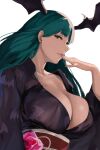  1girl bangs bat_wings black_kimono breasts cleavage collarbone demon_girl green_eyes green_hair head_wings j@ck japanese_clothes kimono large_breasts long_hair long_sleeves looking_at_viewer morrigan_aensland sash smile vampire_(game) wide_sleeves wings 